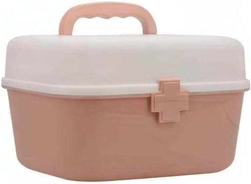 BangQiao Plastic First Aid Storage Box Container Bin with Removable Tray and Portable Handle, Family Emergency Medicine Kit Case Organizer, White&Pink
