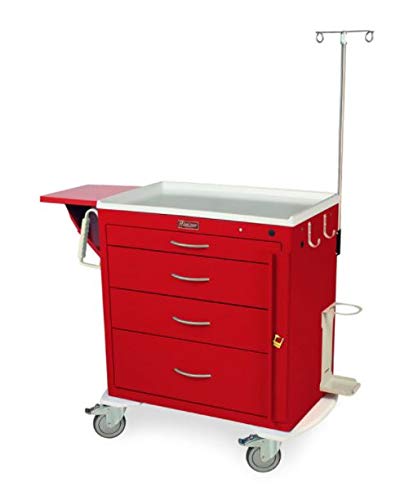 4 Drawer Short Emergency Crash Cart with Emergency Package Accessories, Red, 37.25in H x 36.75in W x 22in D