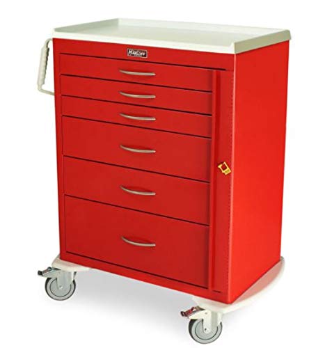6 Drawer Tall Emergency Crash Cart, Breakaway Lock, Emergency Red, 43.75in H x 36.75in W x 22in D