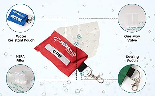 Primacare RS-8631-CS Pack of 12 CPR Barrier Keychain Pouch with One Way Valve, Face Shield Mask Keyring with HEPA Filter, First Aid Kits for CPR Training, Colors May Vary