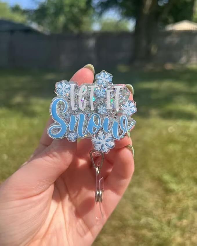 Christmas Winter Snow Badge Reel Retractable with Blue Snowflake Name Tag Xmas Badge Holder with Acrylic Alligator Clip Holiday Badge Reels for RN CNA LPN Medical Worker Teacher Student