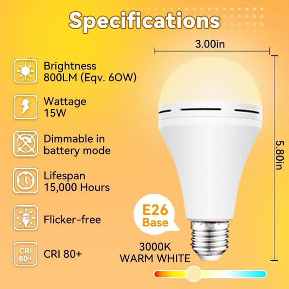 Neporal LITE PRO Rechargeable Light Bulbs, 2600mAh Large Battery Backup Light Bulbs, Perfect As Emergency Lights for Home, Hurricane Prepareness Item, E26/E27