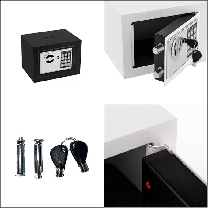 Small Electronic Safe Box With Digital Keypad & Keys - 9.05 x 6.7 x 6.7 Inches Wall Safe 0.23Cuft Mini Security Box for Coin Home Office Hotel Rooms Business Jewelry Gun (Black)