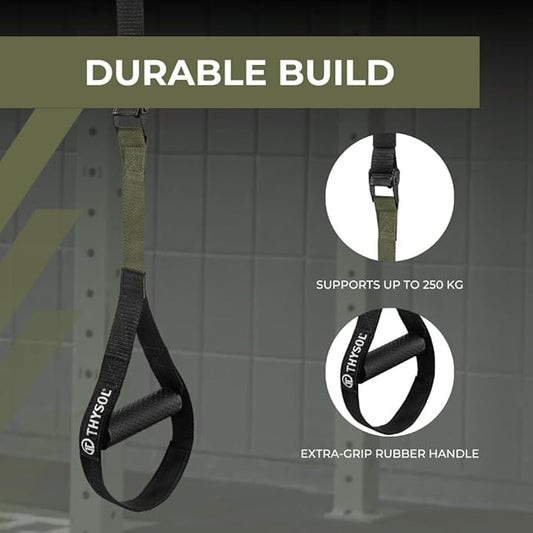 THYSOL® Resistance Trainer Pro Xtreme Straps Army | Sling Trainer Set with Adjustable Door Anchor | Fitness Home Workouts - Suitable for Travelling & for Training Indoor & Outdoor