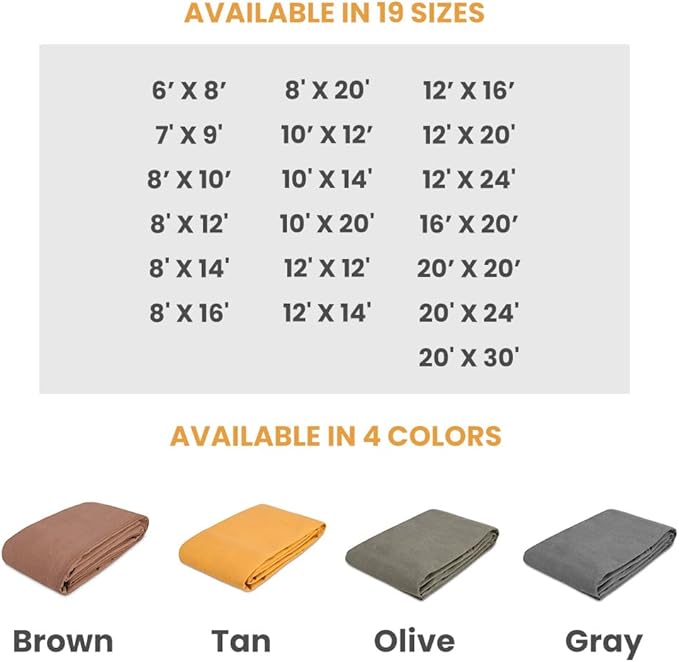 WHITEDUCK 16'x20' Canvas Tarp 18 oz/37 Mil Heavy Duty Waterproof UV Resistant, Rustproof Grommets, Industrial & Commercial Use Cloth Tarp (Finished Size: 15'6"x19'6", Brown)
