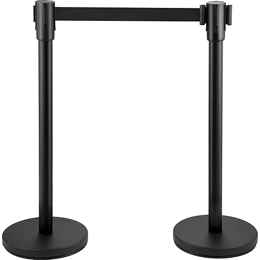 VEVOR Crowd Control Stanchion, Set of 8 Pieces Stanchion Set, Stanchion Set with 6.6 ft/2 m Black Retractable Belt, Black Crowd Control Barrier w/Concrete and Metal Base - Easy Connect Assembly