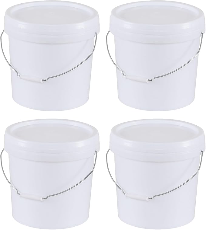 4 Gallon Plastic Food Storage Bucket with Metal Handle, Food Grade Round Pail with Lid, White, 4 Packs