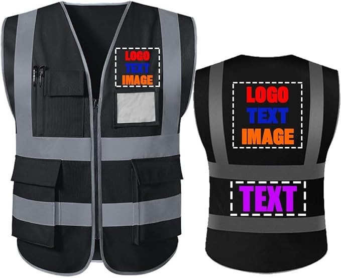 High Visibility Safety Reflective Vest with Pockets and Zipper Construction Hi Vis Work Vest(Black XL)