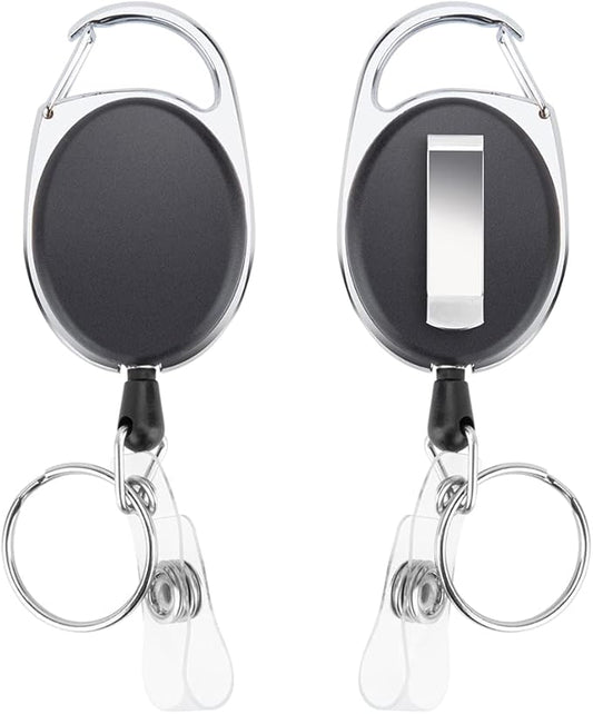 2 Pack Badge Holders and Heavy Duty Retractable Reel Clips Set, Vertical Leather ID Badge Holders with 1 Clear ID Window & 2 Credit Card Slots (Black-2pcs)'
