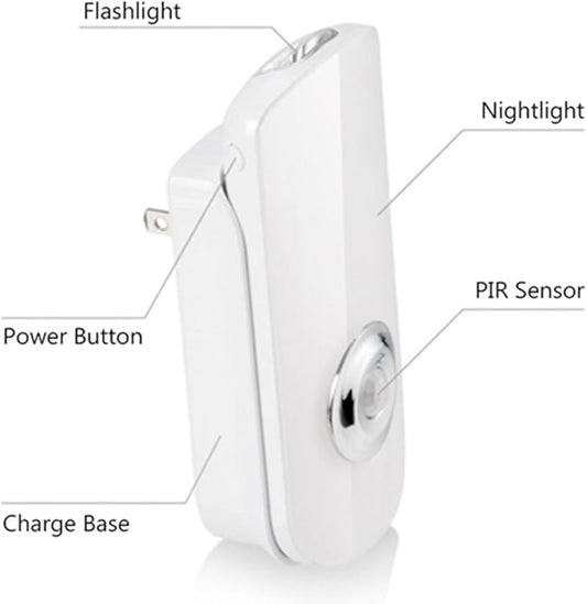 2 Pack LED Night Light, Flashlight Motion Sensor Cut 3-in-1, Rechargeable Emergency Light, Auto Sensing Energy Saving Wall Mount Plug-in Light Portable LED Torch White Small Size