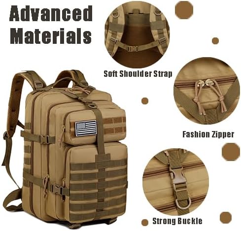 Military Tactical Backpack, Large Black MOLLE Assault Pack with American Flag Patch, 45L Waterproof Rucksack for Outdoor Hiking Camping (Brown)