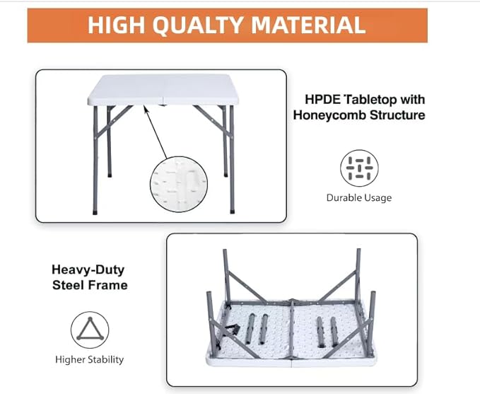 34" Square Folding Table, Portable Folding Card Table with Collapsible Legs & Carrying Handle, Plastic Tables for Camping,Picnic, Office, Party, White