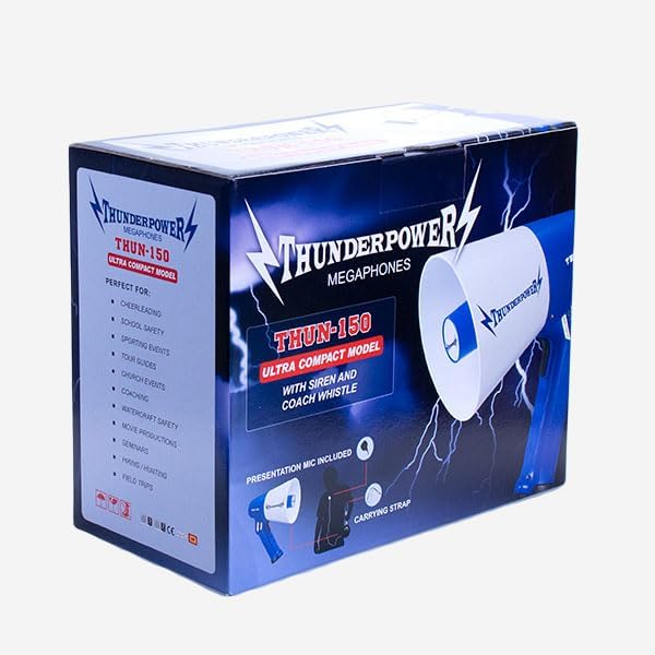 ThunderPower THUN150 Extra-Loud Megaphone Speaker – 600-Yard Range Bullhorn Megaphone with Siren & Voice Modes – 15W Loud Speaker Megaphones for Public Safety, Sports, Teachers, and Protests
