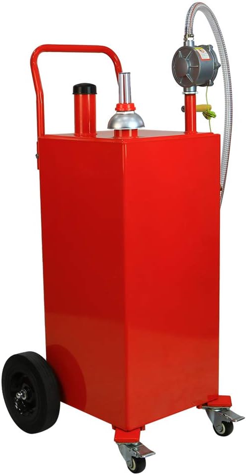 AutoForever 30 Gallon Portable Gas Caddy, Fuel Transfer Tank Gasoline Diesel Storage Can with Rotary Hand Pump and 4 Wheelsfor Automobiles ATV Car Mowers Tractors (Red)