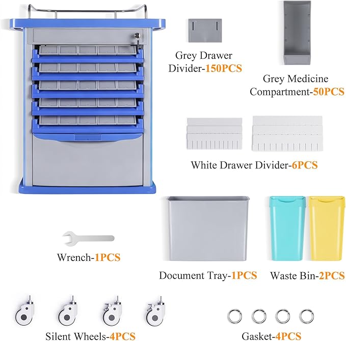Kalolary Dual-Sided Lab Carts, Open Medication Bins Cart with 50 Medicine Boxes, Silent Casters, Movable Container, 2 Trash Bin-Medical Crash Cart for Lab, Clinic, Hospital, Salon, Blue