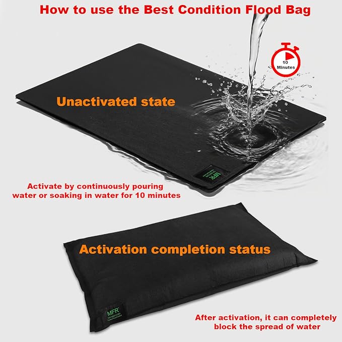 MFR Water Activated Flood Bags for Flooding, Home, Doorway, Driveway, Garage Sandless Sand Bags for Anti Flood Barrier 2ft x 1.3ft, 2-Pcs