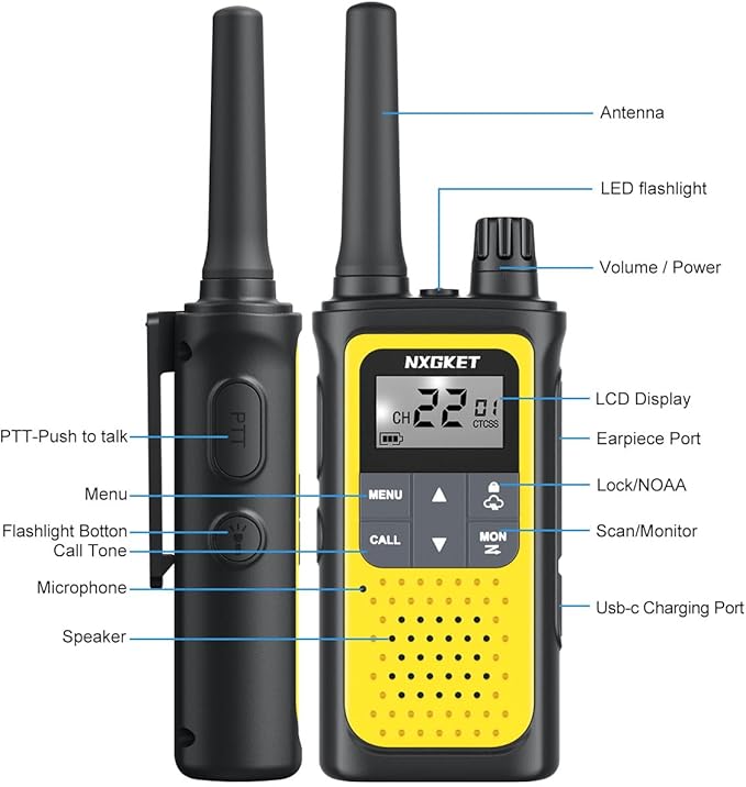 NXGKET Walkie Talkies for Adults Long Rang NOAA Weather Alerts, Rechargeable Walkie Talkies 2 Way Radio 22 FRS Channel with 1800mAh Li-ion Battery Charger USB-C Cable Outdoor Cruises Camping, 4 Pack