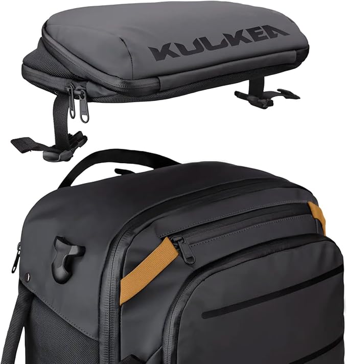 Käydä 44L Travel Backpack - Spacious Carry On Backpack with Detachable Travel Pouch, Magnetic Water Bottle Pocket, Passport and Laptop Pocket - Convertible Boot Bag for Snow Sports (Black/Gold)