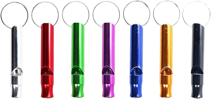 A Set of 5 Extra Loud Whistles for Camping Hiking Hunting Outdoors Sports and Emergency Situations, Sturdy but Light Aluminium Key Chain Signals