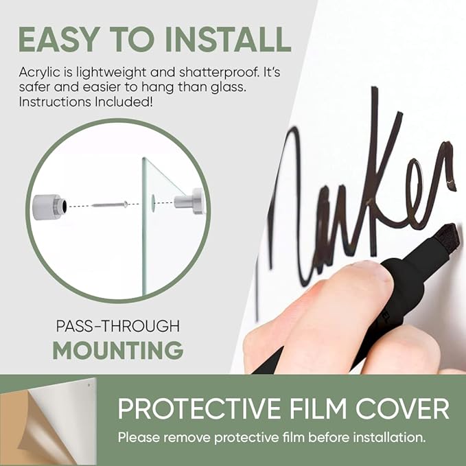 Ships Next Day, Made in USA - Acrylic Dry Erase Board | Non-Magnetic Dry Erase Board | Hanging Frameless White Board | Acrylic for Office, School and Home Walls | for Kids & Adults (White - 18x24)