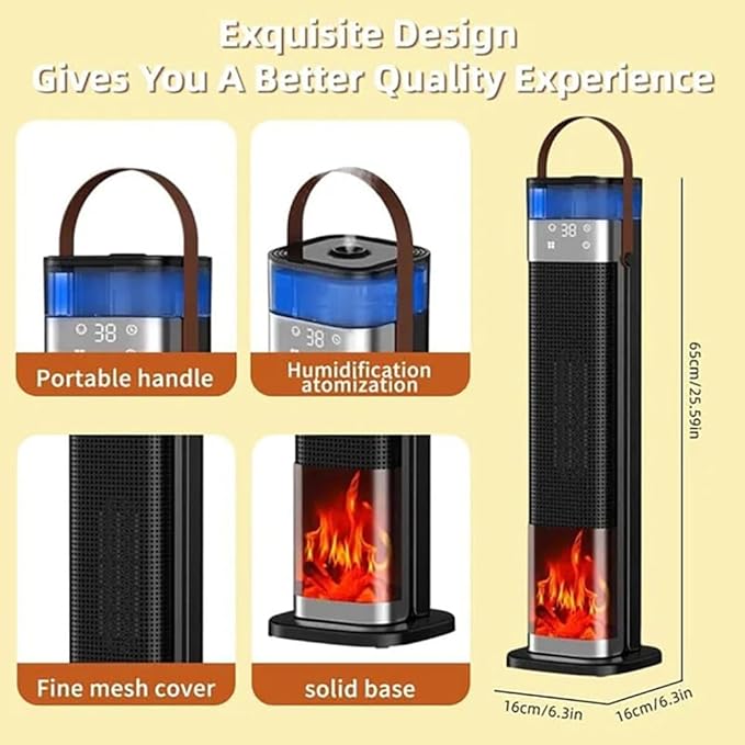Tower Heater for Bedroom with Thermostat, Spray Humidification, 3D Simulated Flame, 3 Heating Modes, 12H Timer, 360°Protection, Portable Battery Powered Heaters for Indoor Use Large Room & Office