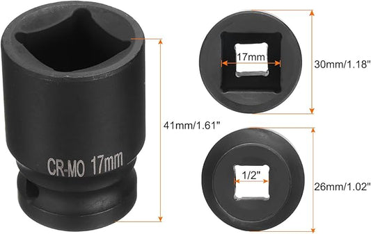 HARFINGTON 4 Point Square Socket 1/2" Drive 17mm Metric Square Impact Socket CR-MO Blackening Standard Wheel Sockets Pneumatic Socket Tool for Auto Repair Mechanical Maintenance Home Use
