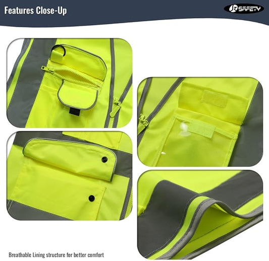 JKSafety 20 Pack 9 Pockets Class 2 High Visibility Zipper Front Safety Vest With Reflective Strips,Meets ANSI/ISEA Standard (X-Large, 156-Yellow)