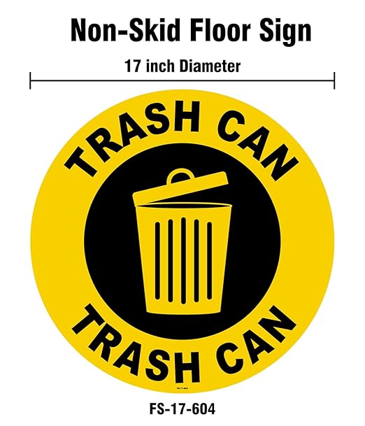 Stranco Non-Slip Floor Sign “TRASH CAN” | 17” Black on Yellow | Permanent Acrylic Adhesive, Pebble-Textured Laminate, Durable 20 mil Construction, Slip-Resistant Safety Label