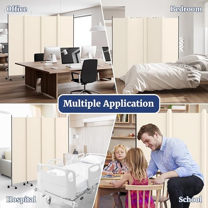 Kokorona 4 Panel Room Divider, 6FT Tall Rolling Privacy Screen with Lockable Wheels, Folding Wall Dividers Portable Room Divider for Room Separation, Included - Cover Strips, Beige, 88''W x 70''H