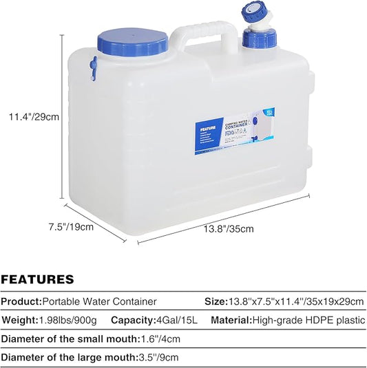 REDCAMP 4 Gallon/15L Portable Water Container with Spigot,Camping Water Jug,Camping Water Container, Large Water Tank,Portable Emergency Water Storage for Camping,Car,Hiking,Hurricane Supplies
