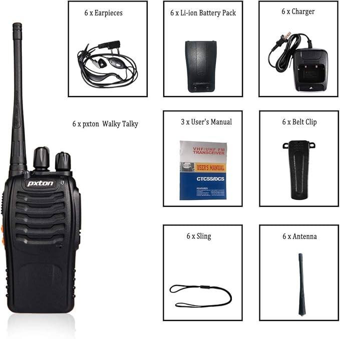 pxton Two Way Radios Long Range Walkie Talkies for Adults with Headphones,16 Channel Handheld 2 Way Radio Rechargeable with Flashlight Li-ion Battery and Charger(6 Pack)