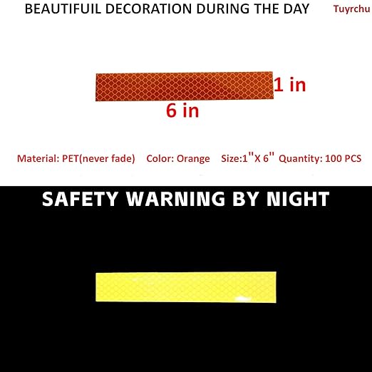 Non Fading Orange Reflective Stickers 1 inch X 6 inch, Outdoor Waterproof High Visibility Warning Safety Adhesive Reflector Tape (100 Pcs)
