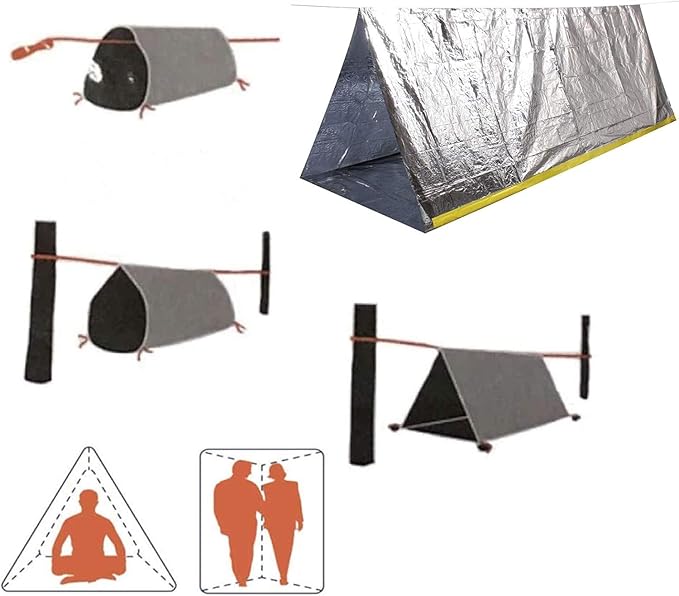 1 Piece Survival Shelter, Polyester Film Emergency Tent Survival Kit with String Bundle Pocket Whistle for Hiking, Car Camping(Silver)