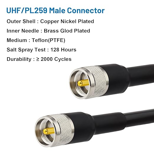 2ft 2PCS KMR400 PL259 Male to Male Coaxial Cable - Low Loss UHF CB Coax Cable for HAM Radio, VHF Radio, SWR Meter, Antenna Analyzer