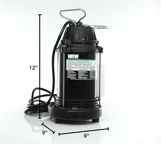 WAYNE CDU800-1/2 HP Submersible Cast Iron and Stainless Steel Sump Pump with Integrated Vertical Float Switch - 5,100 Gallons Per Hour - Heavy Duty Basement Sump Pump