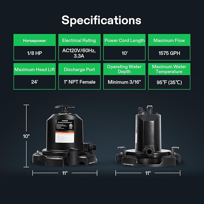 VIVOSUN Submersible Sump Pump, 1575GPH Thermoplastic Portable Utility Water Pump with 10ft Power Cord and 2 Adapters, Ideal for Swimming Pool, Basements, Window Wells