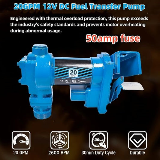 20 GPM 12 Volt Fuel Transfer Pump High Flow DC Transfer Pump Gasoline Pump for Transfer of Gasoline, Diesel, Kerosene, Ethanol & Methanol Blends & Biodiesel, with Discharge Hose & Manual Nozzle, Blue