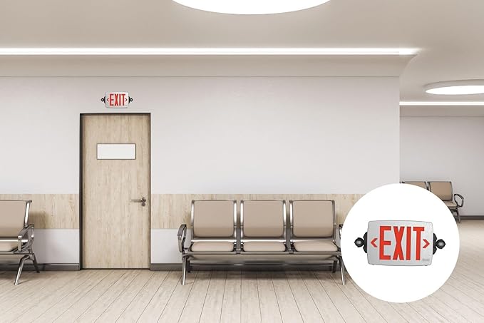Lithonia Lighting Quantum LED Exit Sign Emergency Light Combo, Exit Sign and Emergency Lights for Business, 2-Head Fixture, Red/Green Selectable Letters, Brushed Silver (LHQM S BBS RG MVOLT M6)