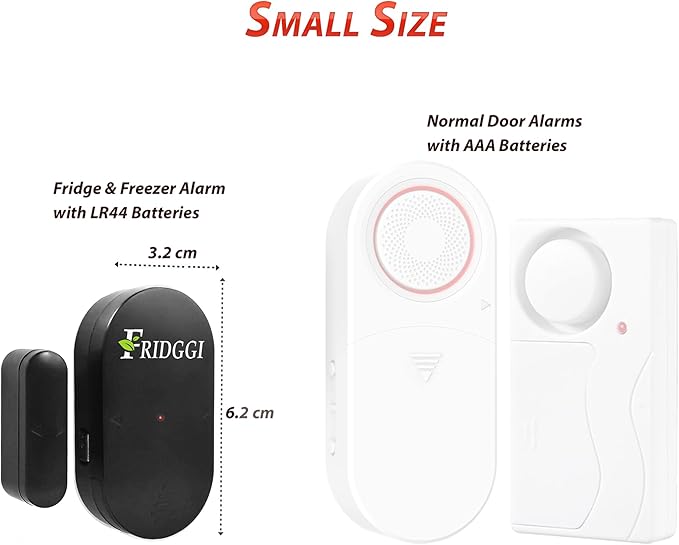Refrigerator Door Alarm with 60 Second Delay, 2, 3, and 4 Minute Reminders, Freezer Door Chime, Low/Loud 80 to 110 dB – Compact Size. (Black)