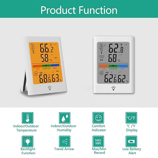 Indoor Outdoor Thermometer Wireless, Digital Temperature Humidity Monitor with 330FT Range Remote Sensor, Automatic Backlight, Comfort Indicator, Max/Min Records for Home, Warehouse (White)