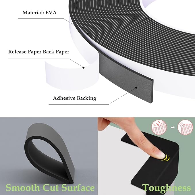 Weather Stripping Door Seal Black,Self Adhesive Foam Tape High Density Foam Sealing Strip,Air Conditioner Window Seal,Soundproof Tape Roll(1/2" W X 1/17" T X 33' L)