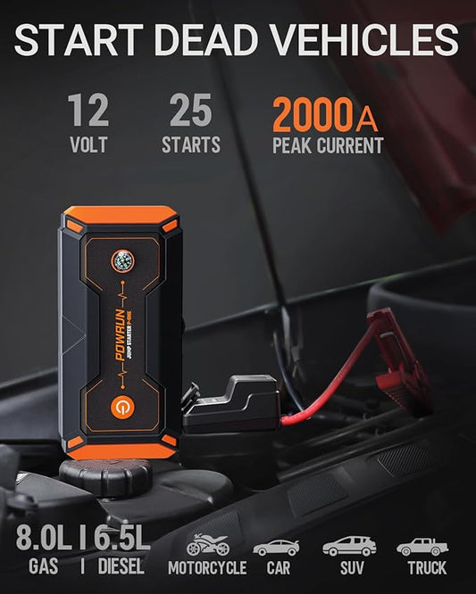Powrun P-ONE Jump Starter, 2000A Portable Jump Box - Car Jump Starter Battery Pack for up to 8.0L Gas and 6.5L Diesel Engines, 12V Battery Jump Starter with Carry Case (Orange)