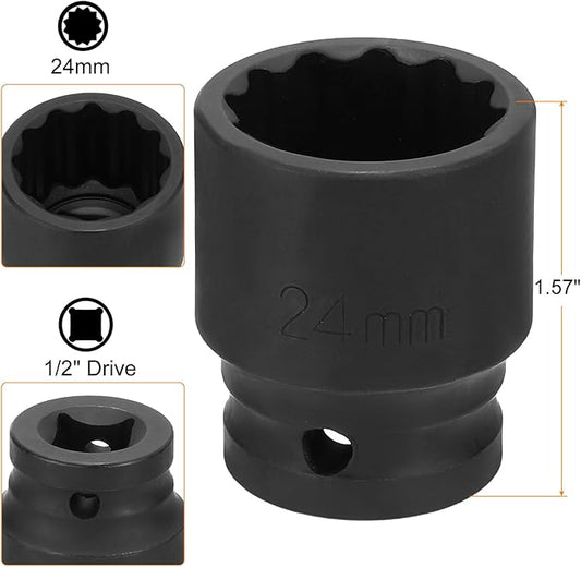 HARFINGTON 12-Point Impact Socket 1/2 Inch Drive 24mm Metric Cr-V Shallow Impact Socket Nut Driver Wrench for Auto Repair