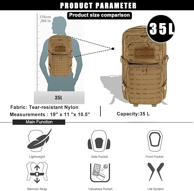Military Tactical Backpack for Men 35L Small Molle System Water Resistant 3 Day Survival Assault Pack for Bug Out Bag Rucksack Travel Hiking Camping Gym Range Trekking Hunting Sport Work (Tan)