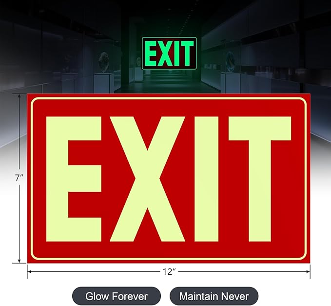 Glow in The Dark Photoluminescent Emergency Exit Signs Self-Adhesive Sticker, 12x7 Inches Illuminated Red Exit Sign for 50 Ft Visibility, UV Protected Tear & Scratch Resistant PVC (2 Pack)
