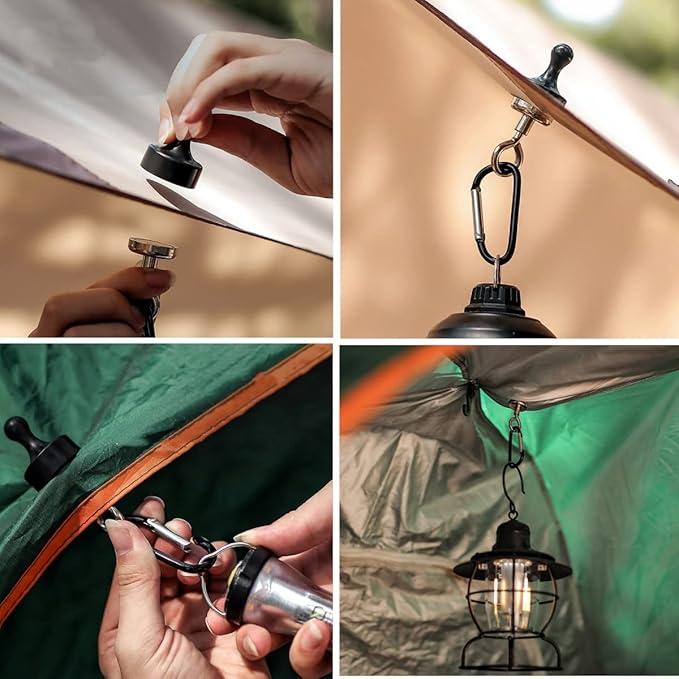 4Pack Strong Magnet Hooks, Pulling Force Rare Earth Magnetic Hooks with Countersunk Hole Eyebolt for Outdoor Hanging Camping Light,Skylight Tent Fixer Hook with Mountaineering Buckle