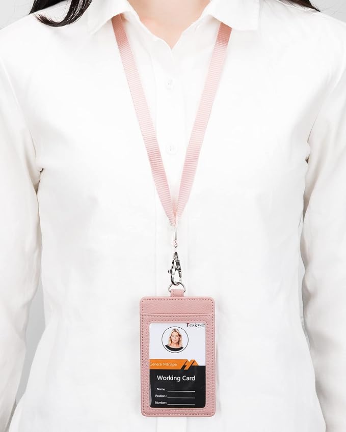 Teskyer Badge Holder with Lanyard, Leather ID Name Badge Card Holder with Lanyard for ID Badges, Vertical, Lychee Pattern Dark Pink
