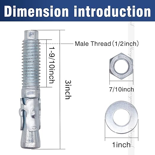 1/2" x 3" Wedge Anchor, for Cement and Concrete only, zinc-Plated Carbon Steel Screws and lag Bolts (30 pcs