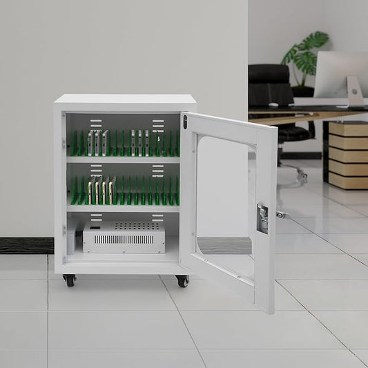 30 Slots Cell Phones Charging Station, Rechargeable Cellphone Locker Storage Charging Station, Mobile Charging Cart with Charging Ports, Wheels & Combination Lock (White)