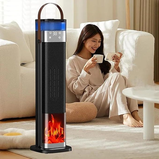 Tower Heater for Bedroom with Thermostat, Spray Humidification, 3D Simulated Flame, 3 Heating Modes, 12H Timer, 360°Protection, Portable Battery Powered Heaters for Indoor Use Large Room & Office